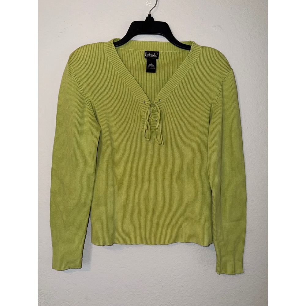 Rafaella Vintage 90s Y2K Lime Green Ribbed Lace Up V-Neck Cotton Sweater Large